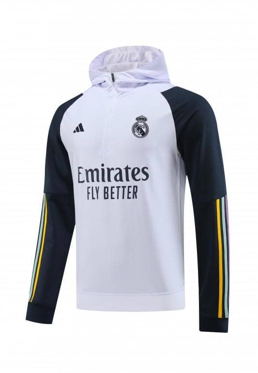 23/24 Real Madrid White Hoodie Half Zipper Jacket+ Pants - Image 6