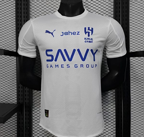 Player Version 25/26 Al-Hilal Away White with Blue Details and SAVVY Games Group Sponsor Jersey