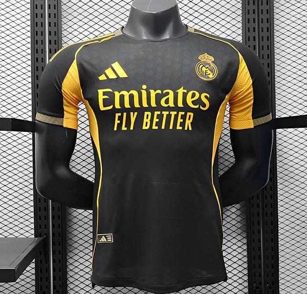Player Version 25/26 Real Madrid Black with Gold Accents and Emirates Sponsor Jersey