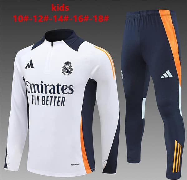 24/25 Kids Real Madrid White Half Zipper Jacket+Long Pants