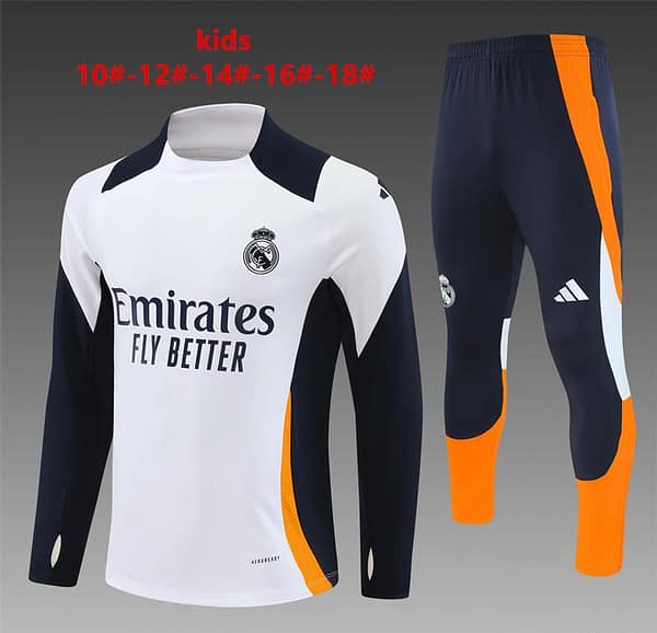 24/25 Kids Real Madrid White/Navy/Orange Half Zipper Jacket+Long Pants