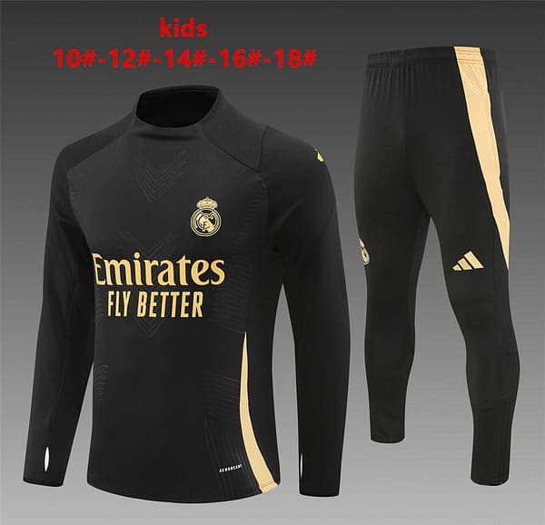 24/25 Kids Real Madrid Black/Golden Half Zipper Jacket+Long Pants