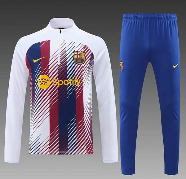 23/24 Barcelona White Red Mixed Color Half Zipper Jacket+ Pants - Image 4