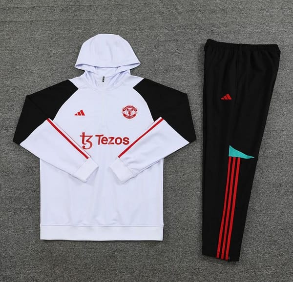 23/24 Manchester United White Hoodie Half Zipper Jacket+ Pants - Image 4