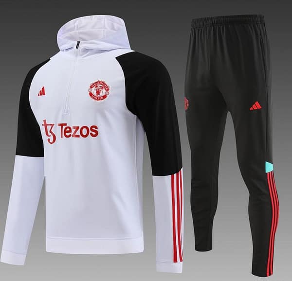 23/24 Manchester United White Hoodie Half Zipper Jacket+ Pants - Image 10