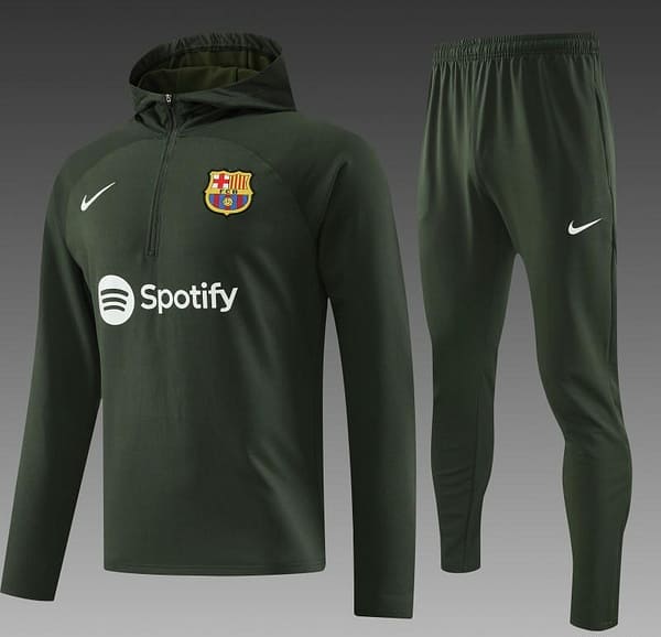 23/24 Barcelona Dark Green Hoodie Half Zipper Jacket+ Pants - Image 12
