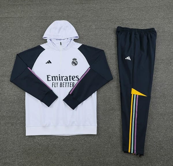23/24 Real Madrid White Hoodie Half Zipper Jacket+ Pants - Image 4