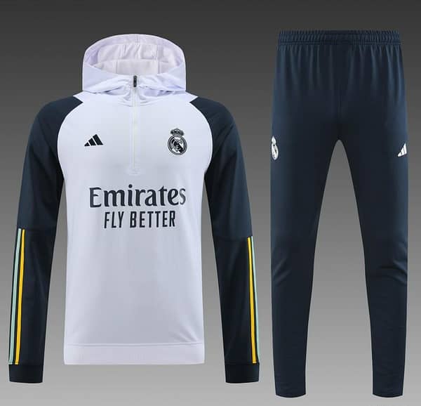 23/24 Real Madrid White Hoodie Half Zipper Jacket+ Pants - Image 8