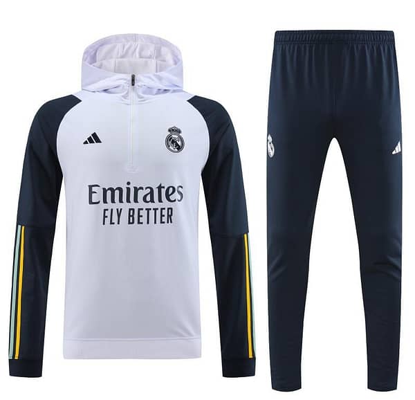 23/24 Real Madrid White Hoodie Half Zipper Jacket+ Pants - Image 9