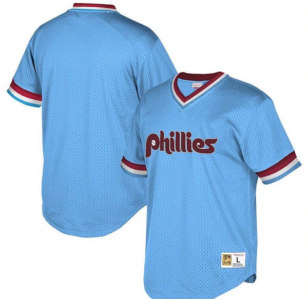 Men's Light Blue Cooperstown Collection Mesh Wordmark V-Neck Throwback Jersey