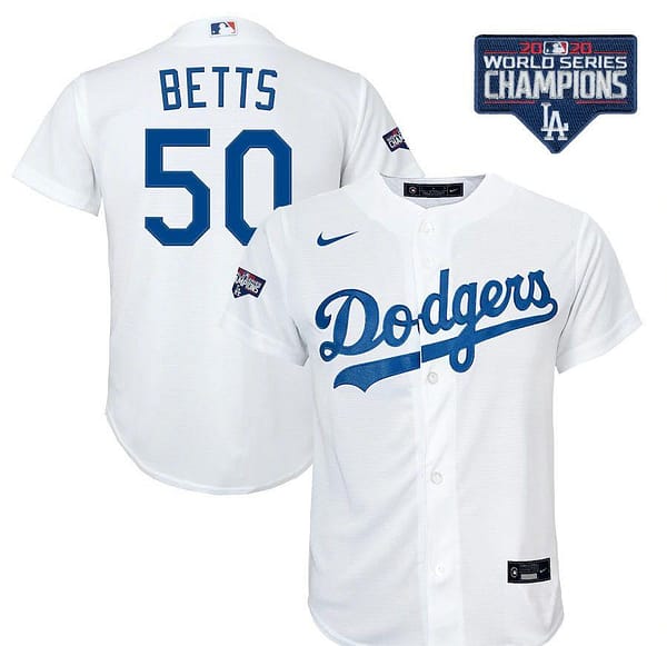 Youth Mookie Betts White 2020 World Series Champions Home Player Team Jersey