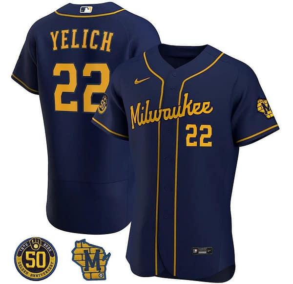 Men's Christian Yelich Navy Alternate 2020 Authentic 50th Anniversary and Road Sleeve Patch Player Team Jersey