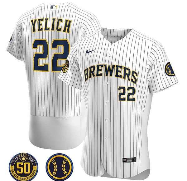 Men's Christian Yelich White Alternate 2020 Authentic 50th Anniversary and Home Patch Player Team Jersey