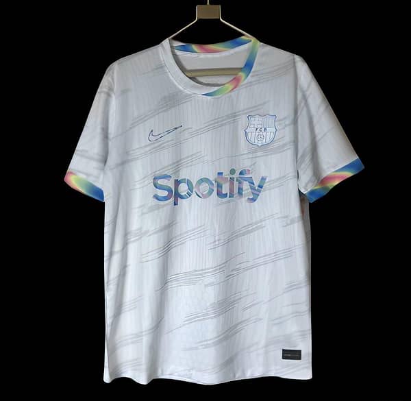 25/26 Barcelona White Nike Football Jersey with Spotify Sponsorship and Rainbow Accents