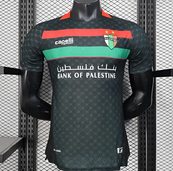 Player Version 25/26 CD Palestino Away Black Jersey with Red-Green Stripes and Bank of Palestine Sponsor