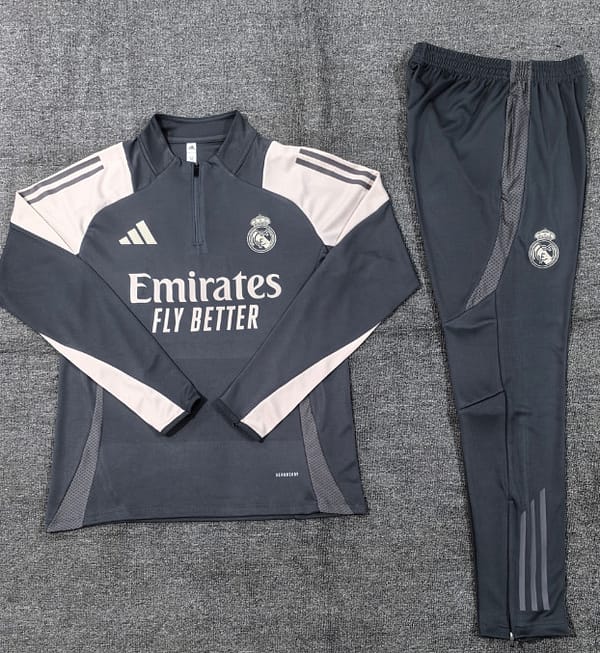 24/25 Kids Real Madrid Grey/Khaki Half Zipper Jacket+Long Pants - Image 2